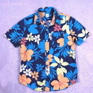 Gap Kids Boys L Navy Floral Hibiscus Short Sleeve Button Down Shirt Tropical